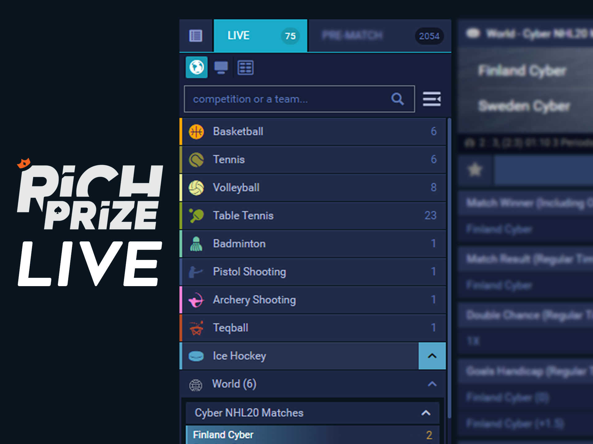 Bet on sports in live format at Richprize.