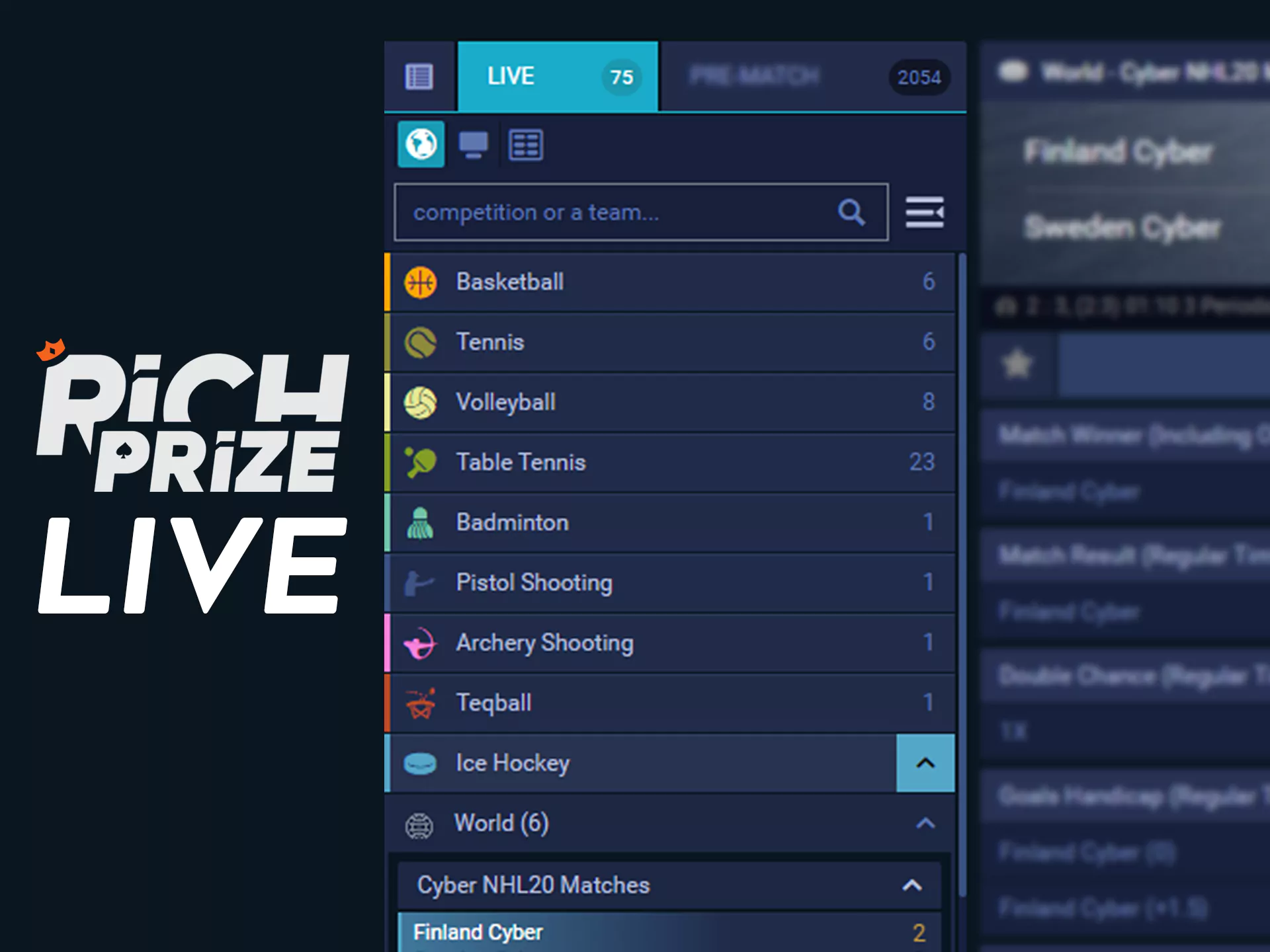 Bet on sports in live format at Richprize.