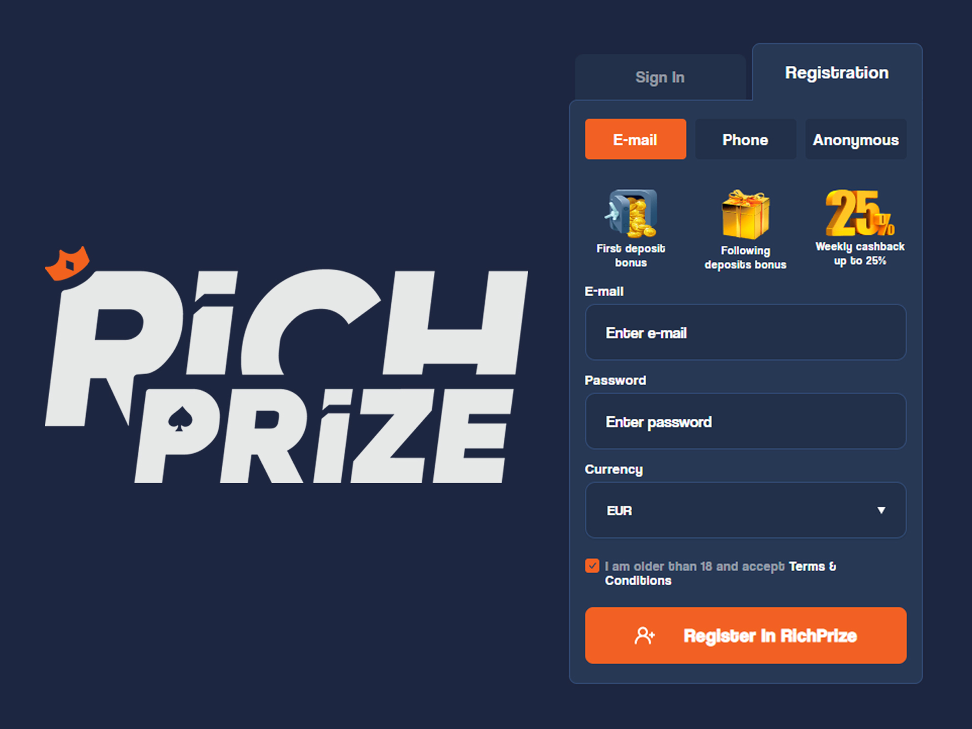 For start winning in Richprize slots and bets you need to complete registration.