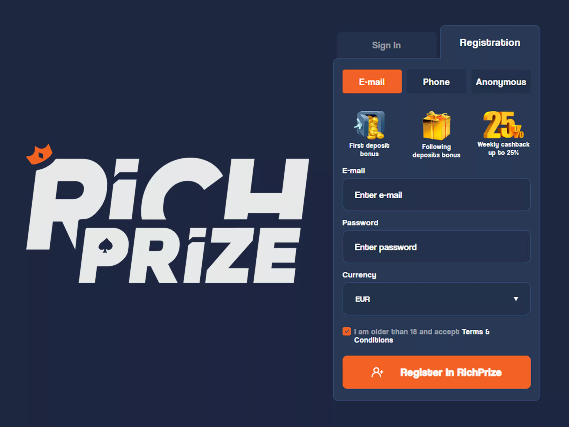 For start winning in Richprize slots and bets you need to complete registration.